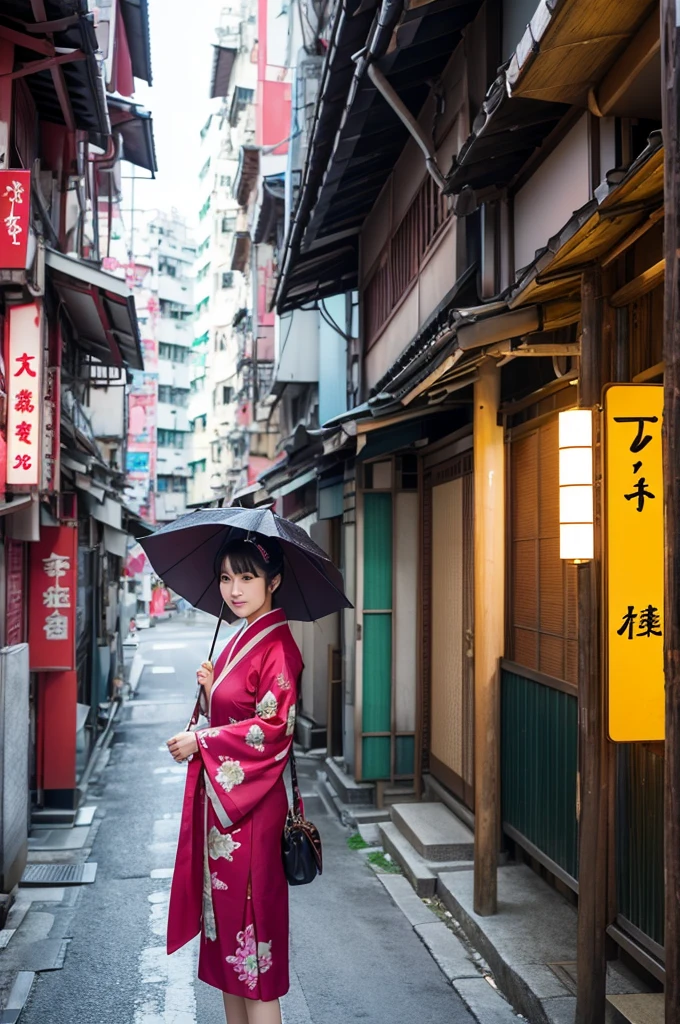 Create a realistic photo of a hong kong woman standing 10 meters from camera with a scenery of japan