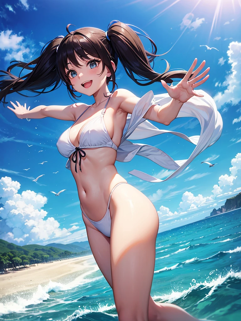 Drive along the beach in a Ferrari、Blue long hair、Beautiful girl with twin tails、Bigger in the center、Splash art that makes you feel the wind、Splash、blue sky、White cloud、Bright smile、Seagulls are flying