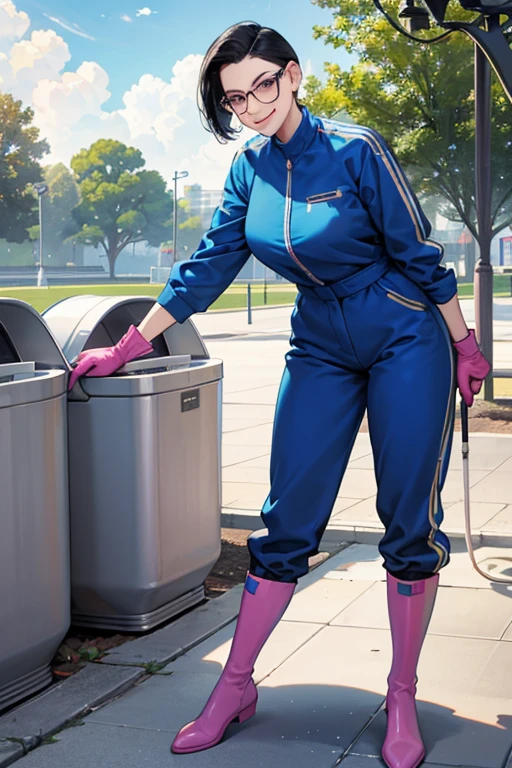 A mature woman with short black hair slicked back and wearing glasses and a blue long-sleeved jumpsuit is cleaning a dirty public toilet in a park while wearing large pink rubber gloves and white rubber boots and smiling gently.