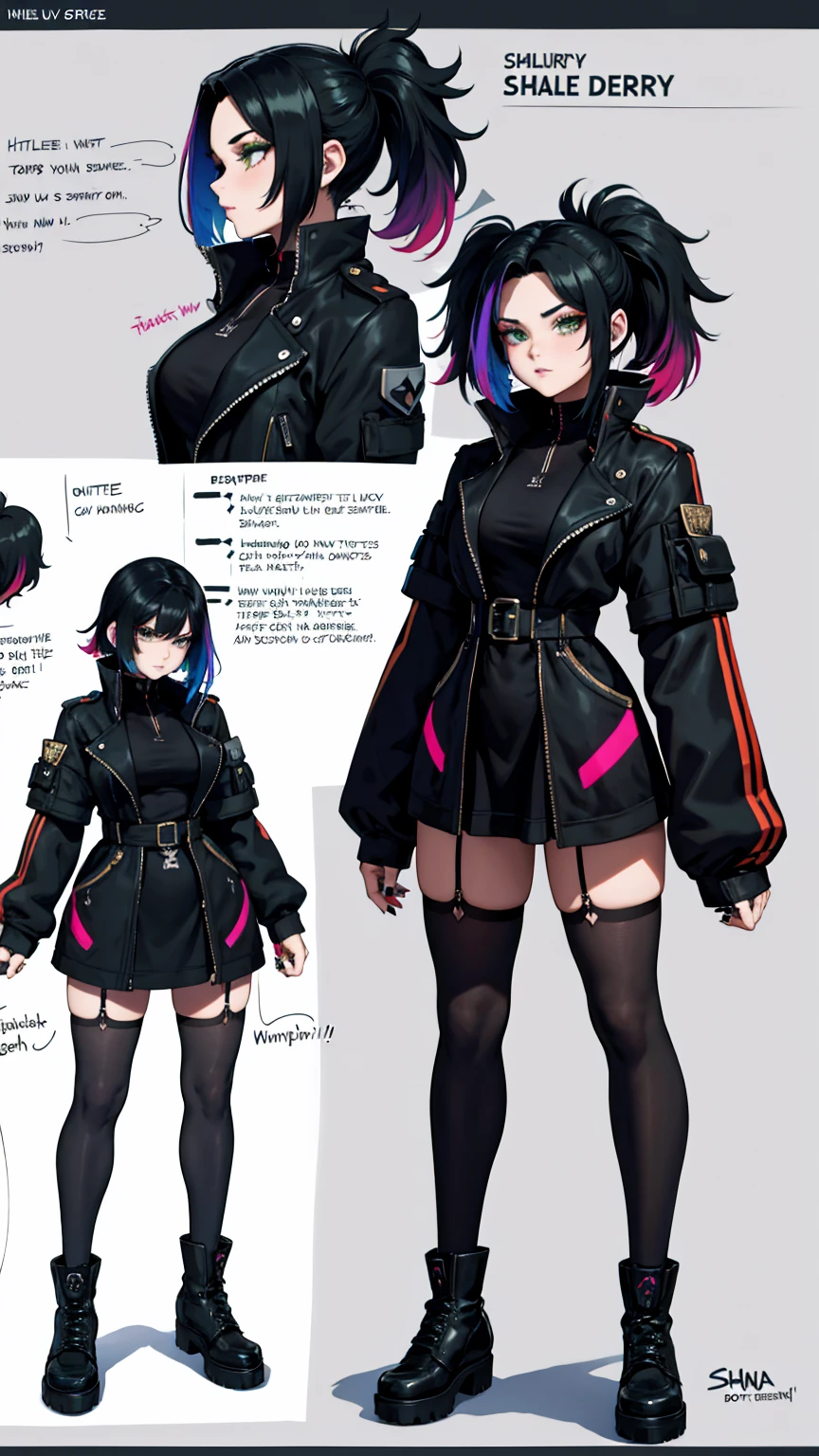 1 girl, high qualiy, face perfect, work of art, character sheet, reference sheet, multiple views, offcial art,trunk,whole body, Gothic,tomboy,serpe girl,serpe,shorth hair, multicolored hair, Bblack hair, hair green, dark make-up, rocker jacket, black nails, long nails,