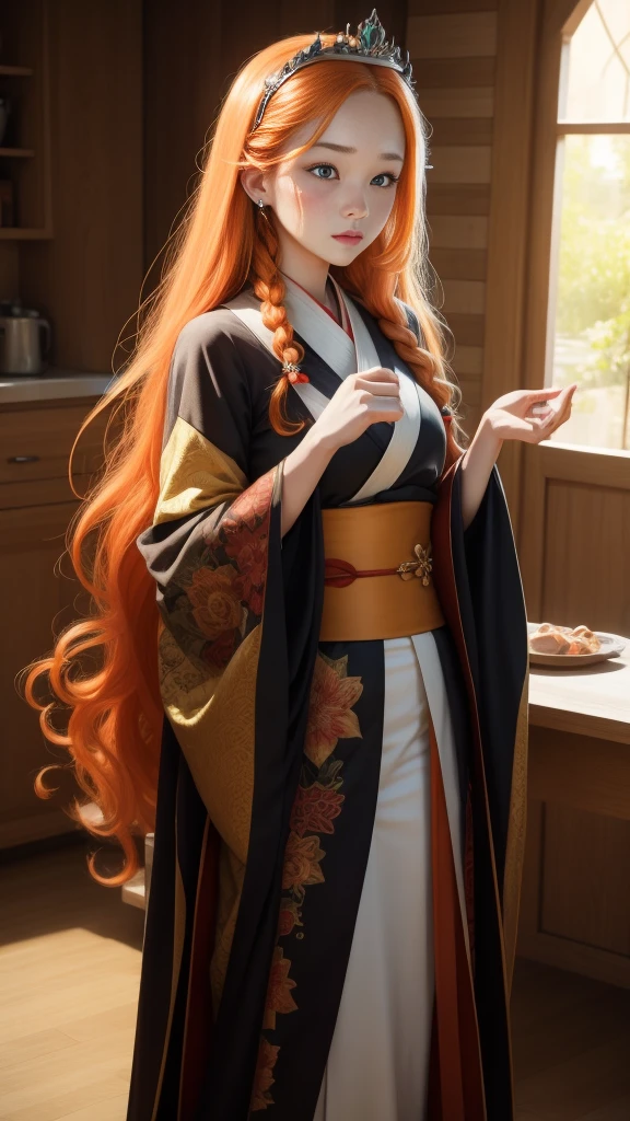 Young princess, striking figure, long flowing ginger hair, wavy hairs, fair skin, freckles, kolito, innocent and regal appearance, expressive green eyes are filled with a mix of curiosity and determination, her slender frame, elegant grace, vibrant orange kimono with white and black decorations, very long sleeves past fingers