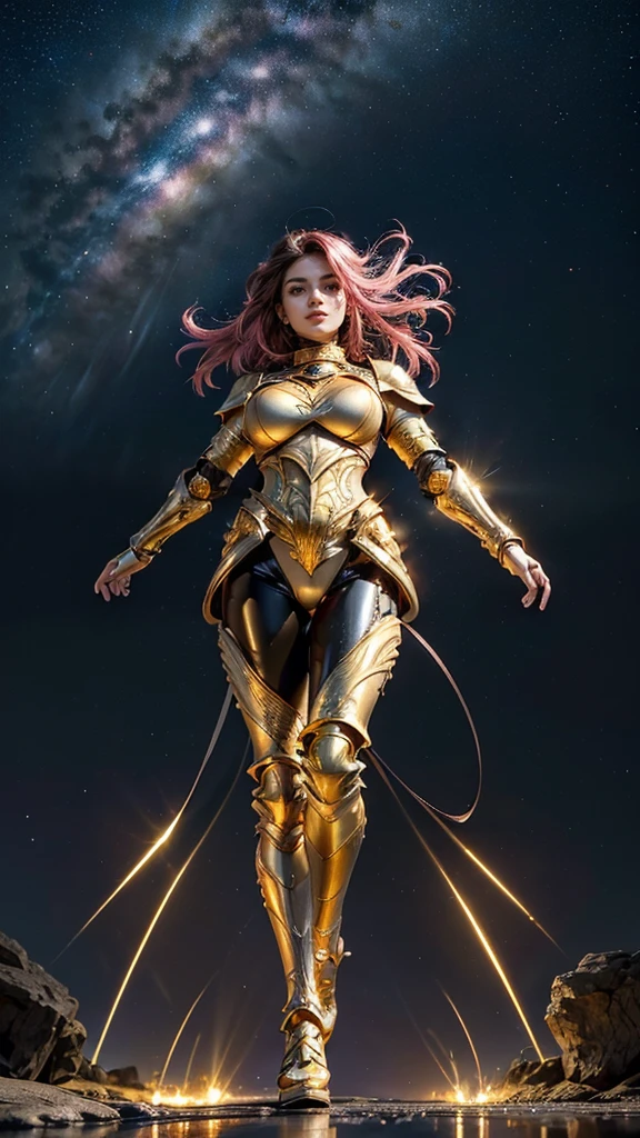 ((best quality)), ((masterpiece)), (ultra detailed lights), ((full body:1.3)), ((skinny body)), 1girl, extremely beautiful, ((slim body)), thighs gap, ultra face details, 20 years old, ((pink curvy-hair)), ((hair blown by strong winds :1.3)), Award-winning photograph, ((symmetrical pose)), ((full body golden black armor)), posing in the middle, intricate details, ((thight golden armour)), ((extremely details armor)), ((tight latex pants)), ((24k-gold armor)), ((edge luminous armor)), cameltoe, luminescent, epic lights reflections, at beach, full of stars, orange clouds, nebula sky, epic aurora borealis in the background, shooting stars, ((from below))