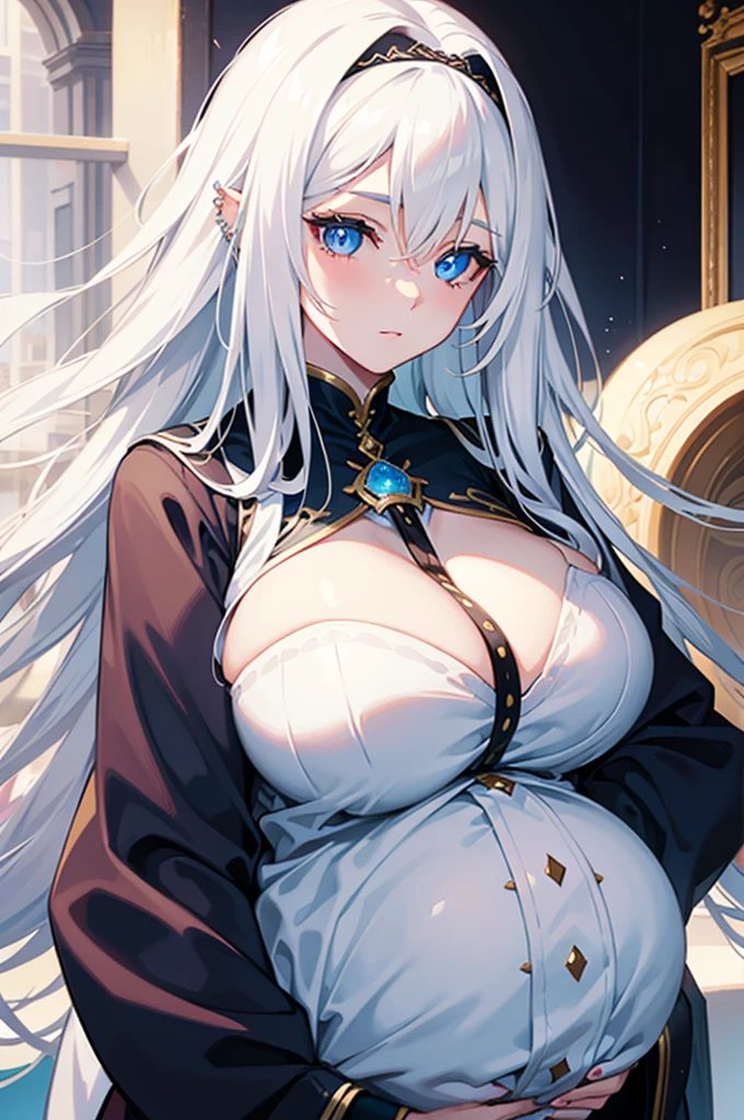 a beautiful woman with long white hair, soft smile, piercing blue eyes, 8k, best quality, extremely detailed, gigantic breasts, pregnant