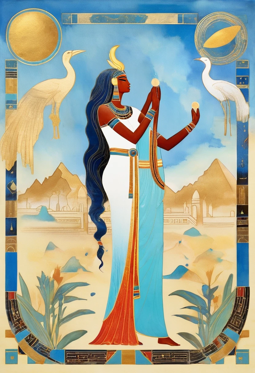 kl1m phse gold background, spirals, circles, squares, intricate patterns, shiny, decadent, woman with long red hair in long golden dress, eyes, blue red white mixed in sporadically, every shade of gold, shimmering, in the style of gustav klimt This ancient Egyptian painting depicts a mythical and symbolic scene of great cosmological importance. in the center of the composition, the goddess Nut is observed, the personification of heaven, which is represented as a curved female figure, with blue skin full of golden stars. Nut is arched over her father Shu, the god of air, who holds the sky above his head and over Geb's body, the god of the earth, that is lying below. Shu is illustrated with raised arms, demonstrating its crucial role in separating heaven from earth.
Geb is shown as a reclining male figure, with a serene expression, symbolizing the fertile land and the physical world. Geb's position, lying down with one arm raised and the other bent, reflects the stability and foundation of earthly life.
Above Shu, Nut bows gracefully, symbolizing the celestial vault. Its blue skin and golden stars represent the night firmament, creating a visual connection between the sky and celestial bodies. Nut's stance, with hands and feet touching the earth, emphasizes its pervasive presence over the world and the importance of nature's daily and annual cycle.
The painting also features two smaller, mystical figures, possibly representing lesser deities or cosmic forces, holding symbolic elements on both sides of Shu. These details add depth to the scene, indicating the complexity and richness of ancient Egyptian religious and cosmological beliefs.
The background of the painting is ocher in color., typical of Egyptian representations, with additional elements that complement the visual narrative and reinforce the symbolism present in the scene. This work is a classic example of Egyptian style and iconography, where mythology, religion and art