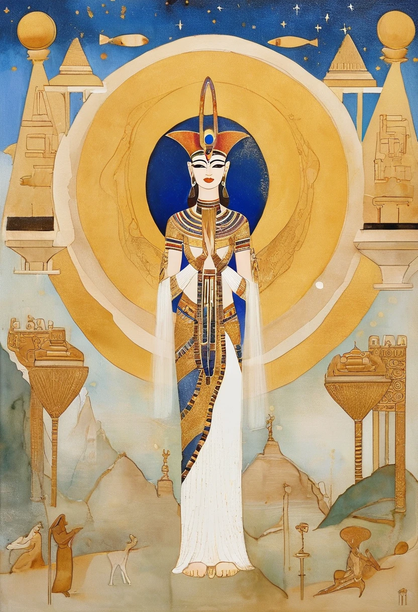 kl1m phse gold background, spirals, circles, squares, intricate patterns, shiny, decadent, woman with long red hair in long golden dress, eyes, blue red white mixed in sporadically, every shade of gold, shimmering, in the style of gustav klimt This ancient Egyptian painting depicts a mythical and symbolic scene of great cosmological importance. in the center of the composition, the goddess Nut is observed, the personification of heaven, which is represented as a curved female figure, with blue skin full of golden stars. Nut is arched over her father Shu, the god of air, who holds the sky above his head and over Geb&#39;s body, the god of the earth, that is lying below. Shu is illustrated with raised arms, demonstrating its crucial role in separating heaven from earth.

Geb is shown as a reclining male figure, with a serene expression, symbolizing the fertile land and the physical world. Geb&#39;s position, lying down with one arm raised and the other bent, reflects the stability and foundation of earthly life.

Above Shu, Nut bows gracefully, symbolizing the celestial vault. Its blue skin and golden stars represent the night firmament, creating a visual connection between the sky and celestial bodies. Nut&#39;s stance, with hands and feet touching the earth, emphasizes its pervasive presence over the world and the importance of nature&#39;s daily and annual cycle.

The painting also features two smaller, mystical figures, possibly representing lesser deities or cosmic forces, holding symbolic elements on both sides of Shu. These details add depth to the scene, indicating the complexity and richness of ancient Egyptian religious and cosmological beliefs.

The background of the painting is ocher in color., typical of Egyptian representations, with additional elements that complement the visual narrative and reinforce the symbolism present in the scene. This work is a classic example of Egyptian style and iconography, where mythology, religion and art 