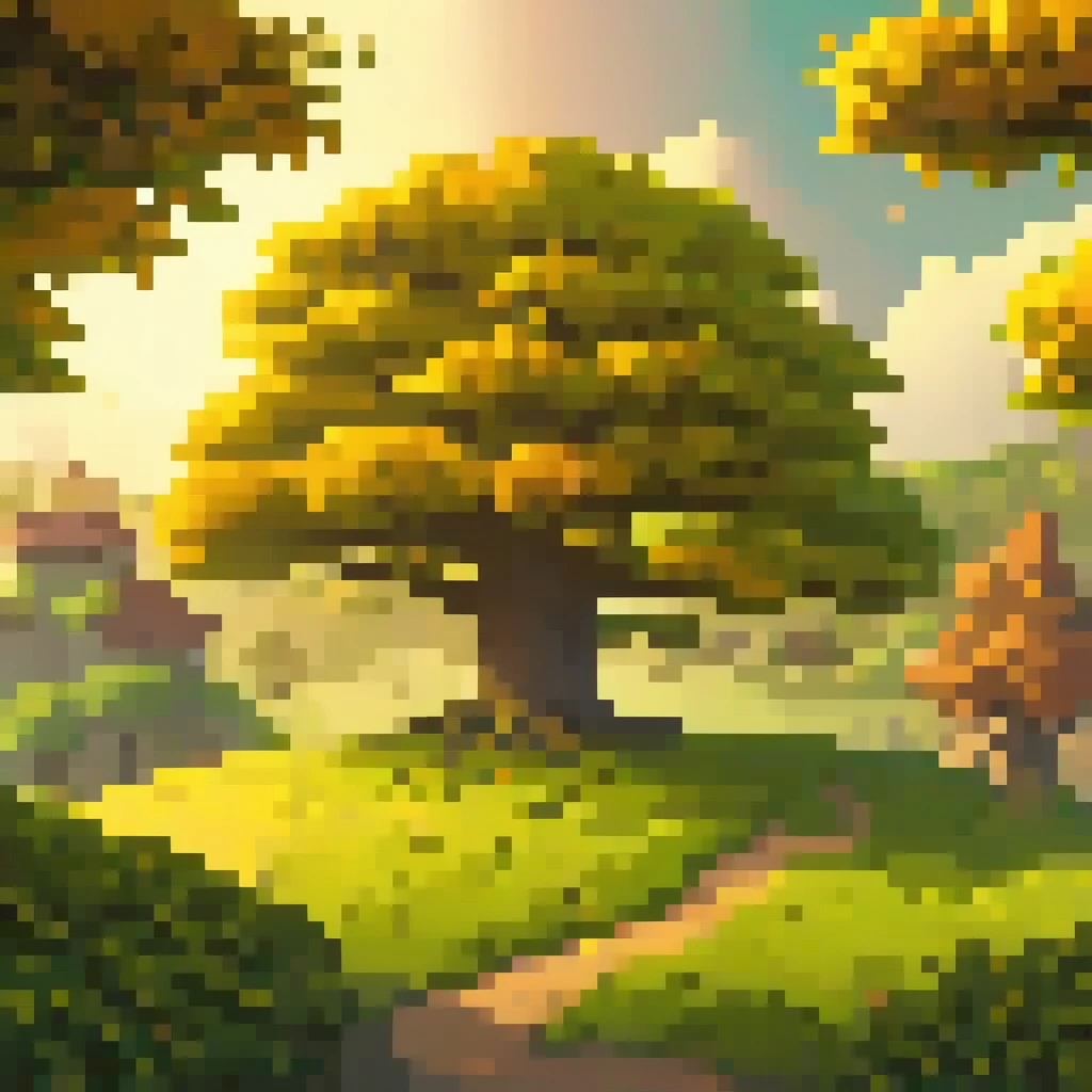 A towering, magical tree with an enormous canopy, lush green leaves, a small, picturesque village nestled beneath its branches, (best quality,4k,8k,highres,masterpiece:1.2),ultra-detailed,(realistic,photorealistic,photo-realistic:1.37),fantasy landscape,intricate details,warm lighting,vibrant colors,dramatic angles