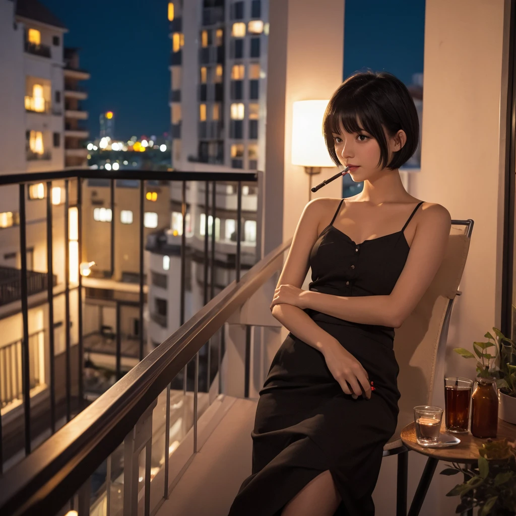 Girl with medium short black hair. At night on a balcony while smoking