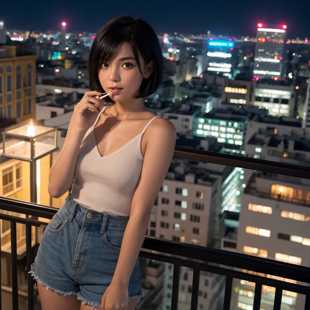 Girl with medium short black hair. At night on a balcony while smoking