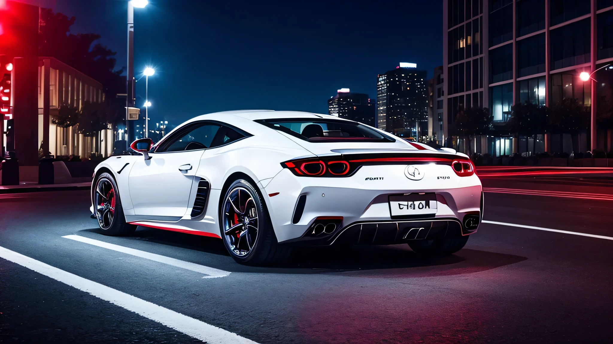 Luxurious sports car, white car, red car, blue car, middle of the street with high beams on