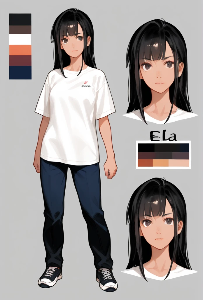 (character sheet:1.2),a 20 years old girl ,black hair, wearing a t-shirt and pant,line art ,,character sheet detailed, T-pose detailed ,anime studio Style, standard quality,3 different angles, highly detailed body parts.,simple background, ela é elfa