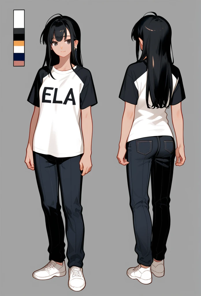 (character sheet:1.2),a 20 years old girl ,black hair, wearing a t-shirt and pant,line art ,,character sheet detailed, T-pose detailed ,anime studio Style, standard quality,3 different angles, highly detailed body parts.,simple background, ela é elfa