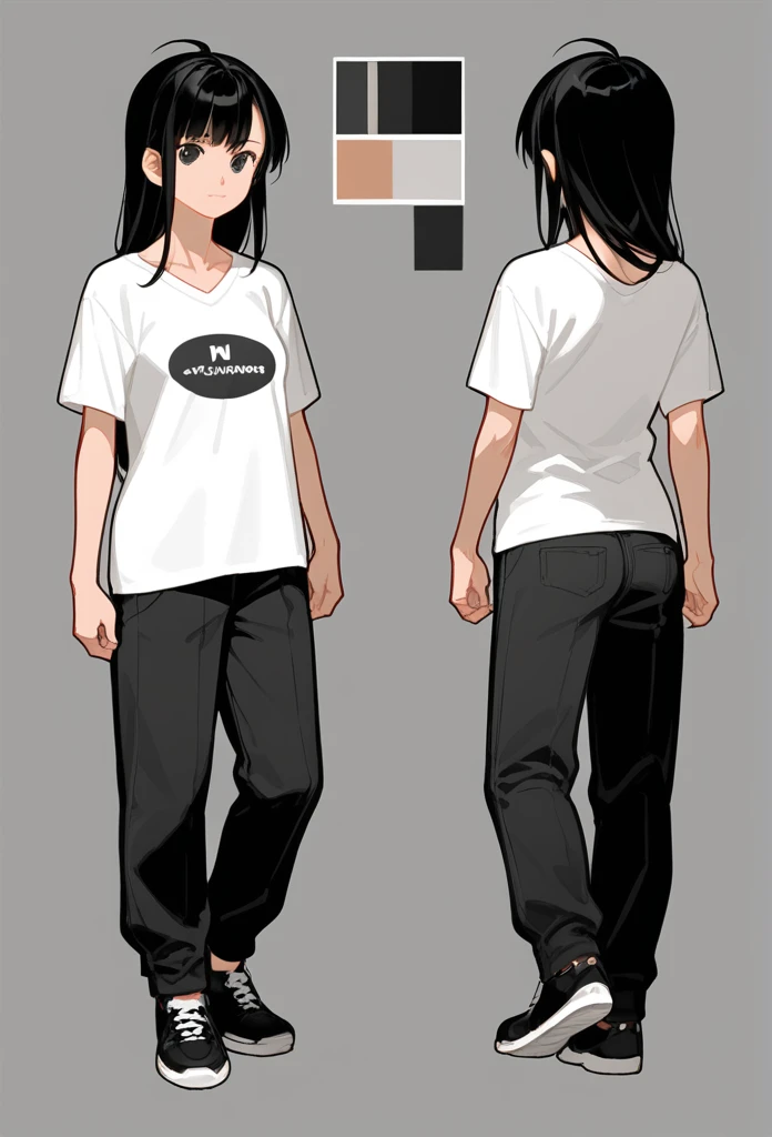 (character sheet:1.2),a 20 years old girl ,black hair, wearing a t-shirt and pant,line art ,,character sheet detailed, T-pose detailed ,anime studio Style, standard quality,3 different angles, highly detailed body parts.,simple background, ela é elfa