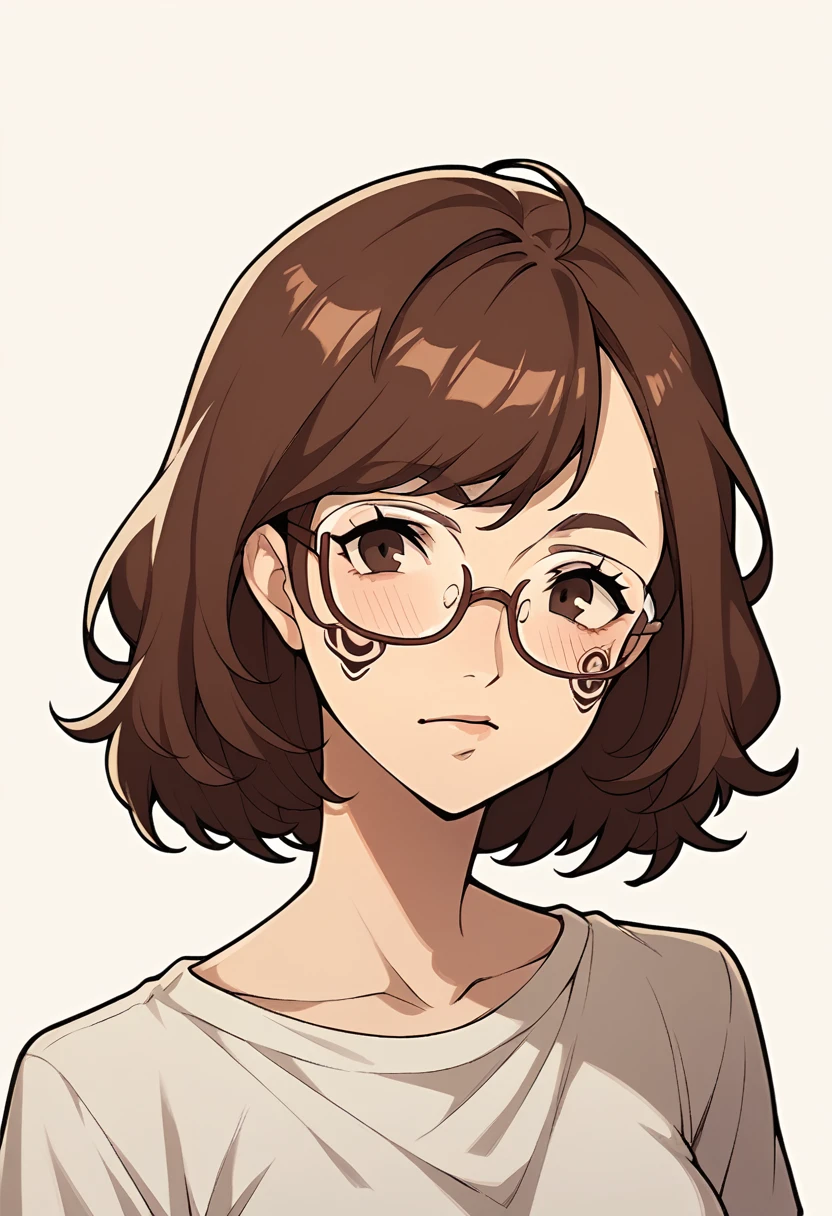 woman middle-age, glasses, brown hair, slight dark circle mark
