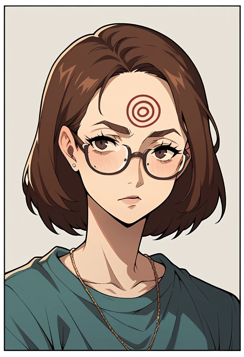 woman middle-age, glasses, brown hair, slight dark circle mark