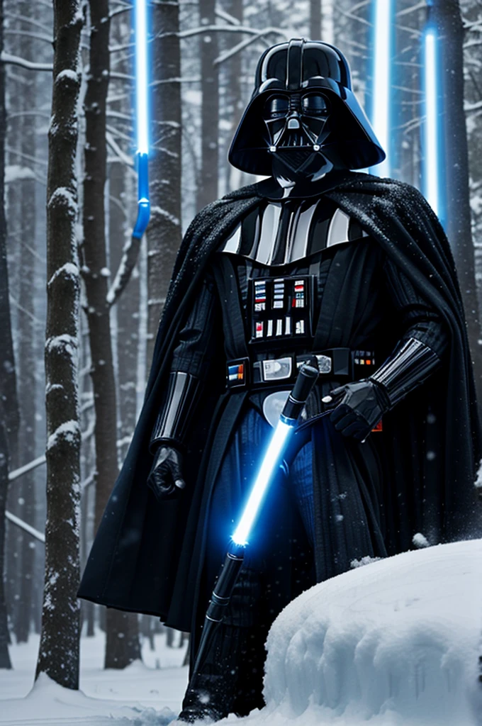 Darth Vader with a blue lightsaber in a snowy area, and looks up where the camera is