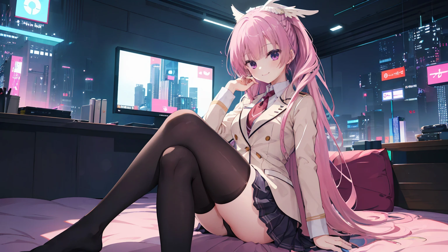 A girl，独奏，Pink long hair，happy，Smile，Medium long hair，Dissemination，kikka academy uniform,((White stockings)), highres, absurdres，Black underwear,City background，cyberpunk, Anime style 4k, Sitting on the sofa，indoors，In the bedroom，Mitsukasa Ayase、Character-centered