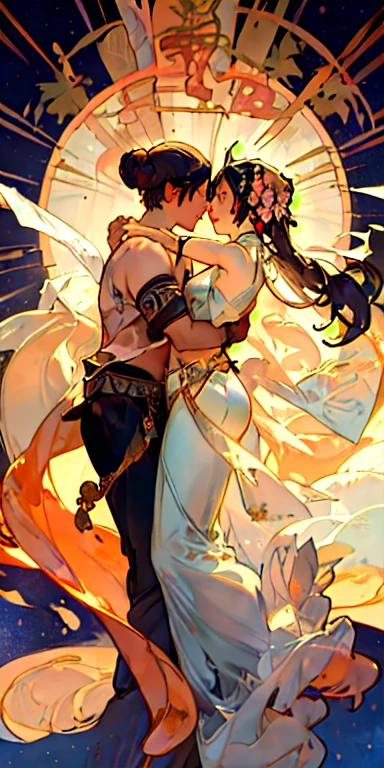 (Two men and women hugging each other),((mucha style)),Wooden Frame、The background is a starry sky behind the bamboo、Tanabata、wind chimes、Ancient Chinese Beauties, Dancing, Luxurious costumes with intricate embroidery, Long, transparent, colored streamers wrapped around the arms, elegant, Exposed navel, Bare shoulders, Exposed neck, wreath, Black hair bun and flower hairpin headband, The armband is tied with a ribbon, bracelet, anklet, Metal chain tassels around the waist, Mogao Caves Art, Inspired by the murals of flying celestial women from Dunhuang, Ink painting, cgstation pop --v 6