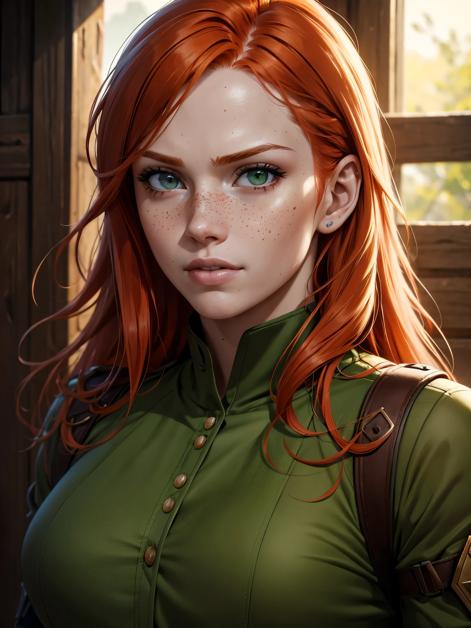A red-haired girl with pale skin and freckles, long curly light orange hair, emerald green eyes with a sarcastic expression, wearing military combat attire Brazilian, very muscular and short, highly detailed and expressive face, (best quality,4k,8k,highres,masterpiece:1.2),ultra-detailed,(realistic,photorealistic,photo-realistic:1.37),portrait,concept art,dramatic lighting,vivid colors,intricate details