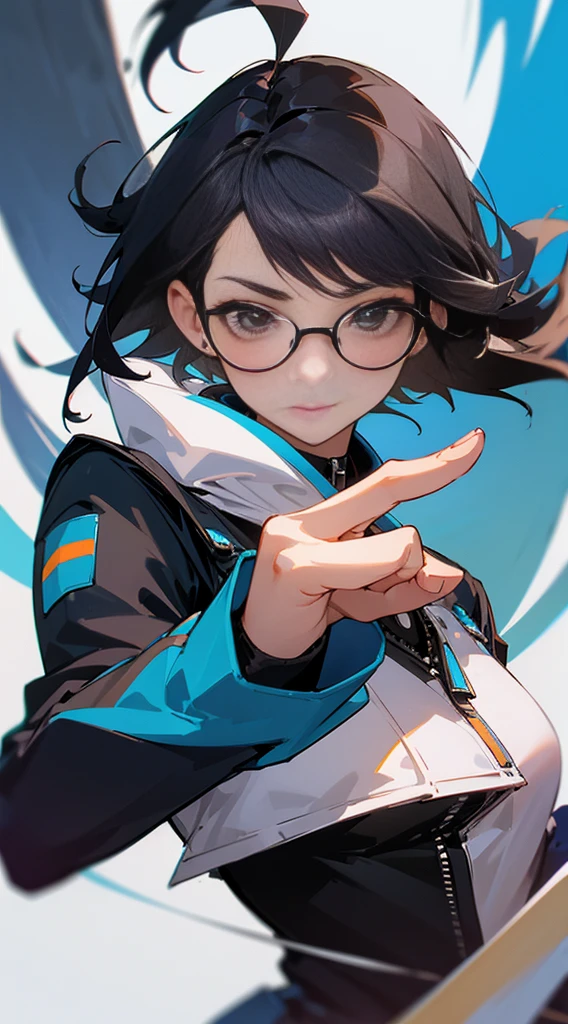 Top Quality, 8K, 4K, High Definition, Detail, (better-quality, 8K, 12), top-quality, 1 girl、only showing her face, she has Black hair, wearing a pin on her right side of her hair, she has her hands together, she looking at you, she is smiling at you, medium breast, her jacket color dark blue and light blue with a black zipper, brown eyes, showing her face and chesat, short hair long as her neck, (only showing half of her body) her jacket is loose. she is wearing earing only right ear shaped has a heart, she has her hand up making a pose, get closer to see up close of her face, she making a pose, she making pose her finger, she is wearing glasses, Japanese face, (long hair) Huge