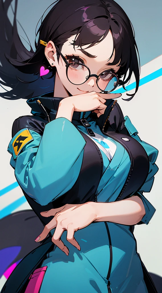 Top Quality, 8K, 4K, High Definition, Detail, (better-quality, 8K, 12), top-quality, 1 girl、only showing her face, she has Black hair, wearing a pin on her right side of her hair, she has her hands together, she looking at you, she is smiling at you, medium breast, her jacket color dark blue and light blue with a black zipper, brown eyes, showing her face and chesat, short hair long as her neck, (only showing half of her body) her jacket is loose. she is wearing earing only right ear shaped has a heart, she has her hand up making a pose, get closer to see up close of her face, she making a pose, she making pose her finger, she is wearing glasses, Japanese face, (long hair) Huge