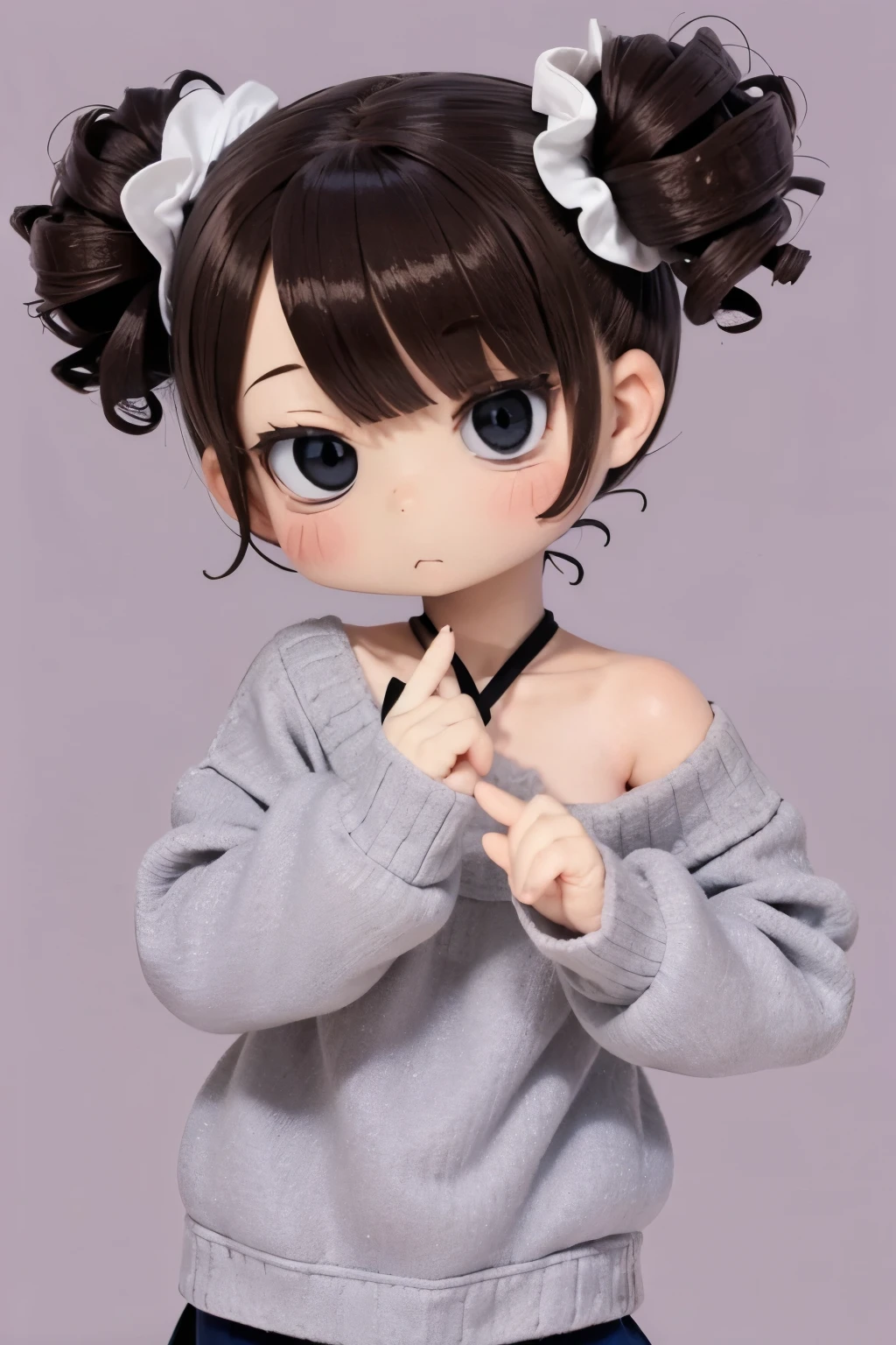 Shoulder sweater, Curly shorthair, hair scrunchie, Twin-tailed, kawaii pose、A face and pose that expresses deliciousness