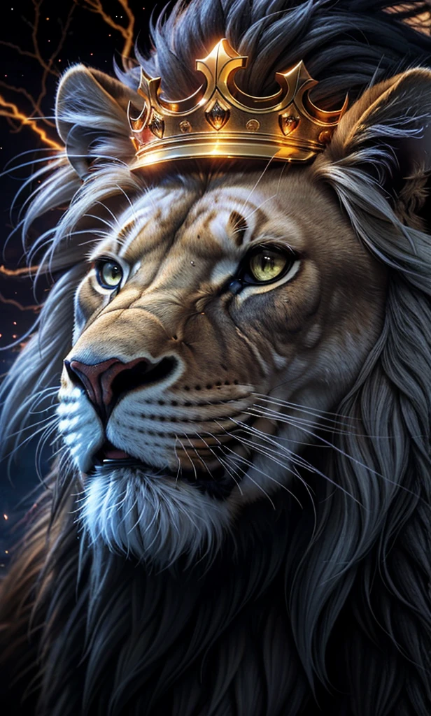 Lion, Divine Lion, naturals, naturals, ferocious, masculine, mighty, golden lion, King crown, King, golden crown, Realistic crown, Powerful Lion, Beautiful nature, Great Realistic Lion, FullHD 8K, Sky ligh, Sunset Night, Ligh Sky Sun, Balck Golden, black andwhite, black and gold, detailed realistic face, 8K Detailed Realistic White Lion, Ultrarealistic 8k |, Energia de thunder realista detalhada, Strong Creature realista detalhada, Strong Creature, Lion macho, Rendering, Fotorrealista 8K, UltraHD Alta definição 8K, Detailed Realistic 16K, Nitidez Fotorrealista 8K, 16K photorealistic textures, Contraste Fotorrealista 8K, Sombras Fotorrealistas 8K, Luzes Fotorrealistas 8K, Detailed realistic sunset, Detailed Realistic Lion Face, Detailed realistic light, detailed textures, thunder, detailed shadows, detailed colors, Celestial Electricity, Golden thunder, Lion realista, Ultra Realistic 16K, Realistic 16K, Realistic 16K sharpness, 16K photorealistic textures, 16K realistic colors, powerful creature, Majestic power, Power of Heaven, Great Divine, detailed contrast, realistic contrast, high resolution, detailed colors, fire, villany, divine creature, 8K, realistic detailed, 16K, 8K, High definition, detailed contrast, realistic contrast, high resolution, detailed colors, fire, villany, divine creature, realistic detailed, posh, chic