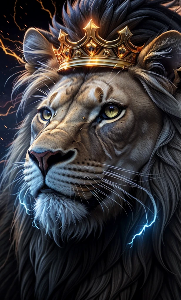 Lion, Divine Lion, naturals, naturals, ferocious, masculine, mighty, golden lion, King crown, King, golden crown, Realistic crown, Powerful Lion, Beautiful nature, Great Realistic Lion, FullHD 8K, Sky ligh, Sunset Night, Ligh Sky Sun, Balck Golden, black andwhite, black and gold, detailed realistic face, 8K Detailed Realistic White Lion, Ultrarealistic 8k |, Energia de thunder realista detalhada, Strong Creature realista detalhada, Strong Creature, Lion macho, Rendering, Fotorrealista 8K, UltraHD Alta definição 8K, Detailed Realistic 16K, Nitidez Fotorrealista 8K, 16K photorealistic textures, Contraste Fotorrealista 8K, Sombras Fotorrealistas 8K, Luzes Fotorrealistas 8K, Detailed realistic sunset, Detailed Realistic Lion Face, Detailed realistic light, detailed textures, thunder, detailed shadows, detailed colors, Celestial Electricity, Golden thunder, Lion realista, Ultra Realistic 16K, Realistic 16K, Realistic 16K sharpness, 16K photorealistic textures, 16K realistic colors, powerful creature, Majestic power, Power of Heaven, Great Divine, detailed contrast, realistic contrast, high resolution, detailed colors, fire, villany, divine creature, 8K, realistic detailed, 16K, 8K, High definition, detailed contrast, realistic contrast, high resolution, detailed colors, fire, villany, divine creature, realistic detailed, posh, chic