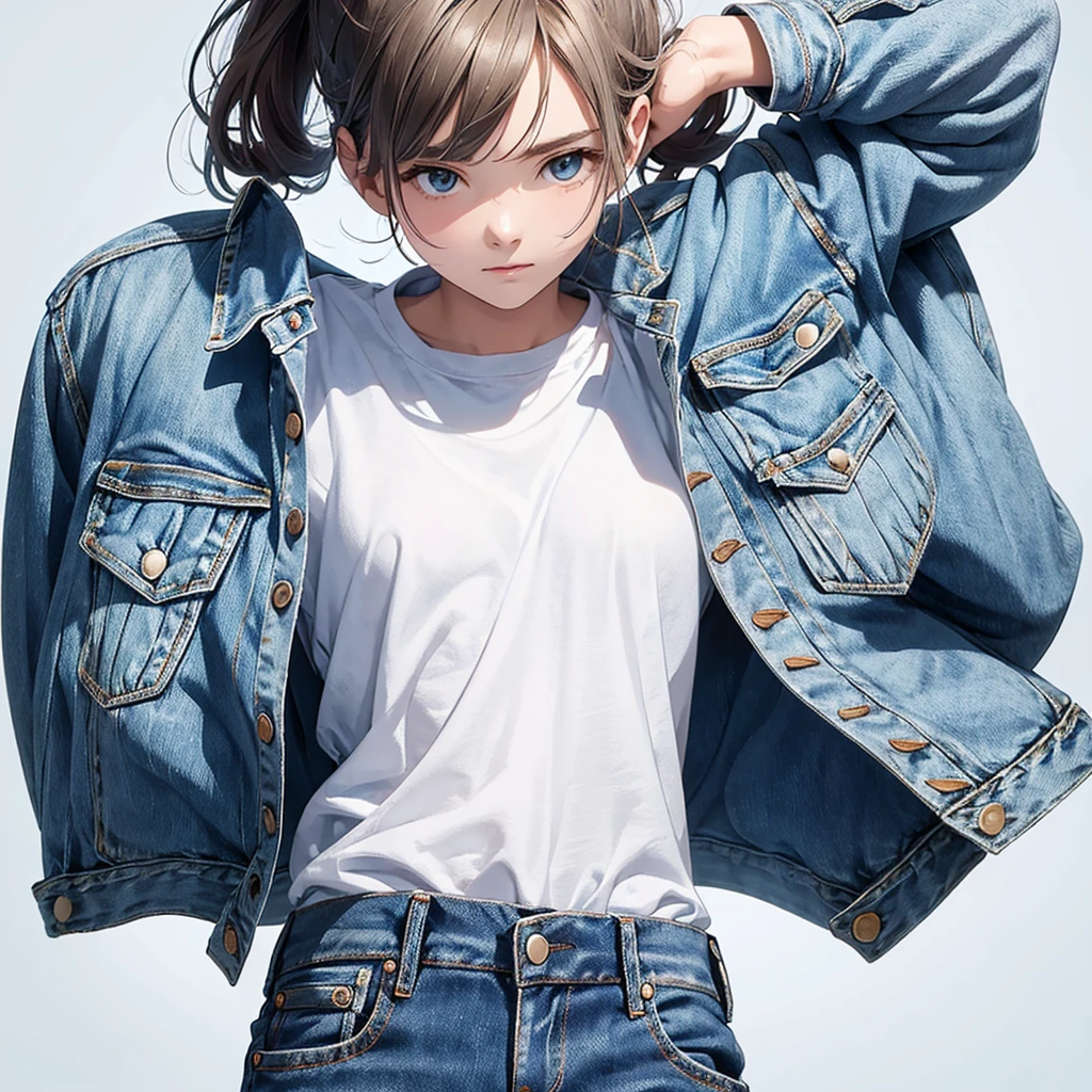 A high-quality image of a casual light blue denim jacket, displayed on a plain white background, without any human figure or mannequin. The jacket should be isolated, floating in the center of the image.