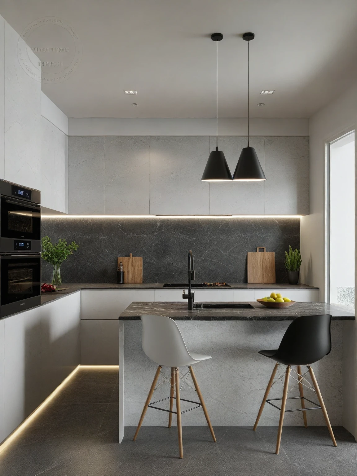 Raw photo,Masterpiece, high quality, best quality, authentic, super detail,
indoors, interior , ((kitchen and dining :1.3)), modern style, daylight, (WHITE WALL),luxury, marble tile floor, fridge, black stone counter top