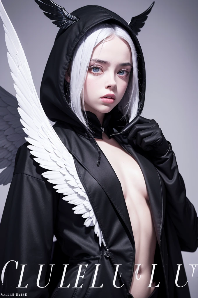 make a book cover with the name Cupid on the cover it should have singer billie eilish in a black hood with a suit and shiny white wings