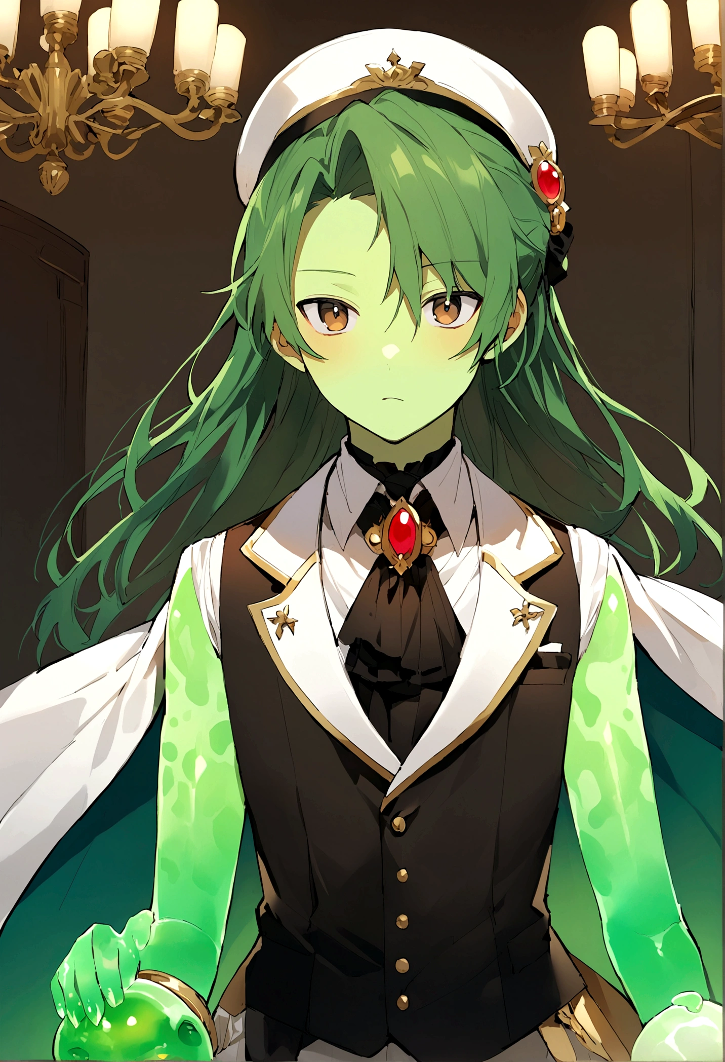 A male teenager wien jelly skin, brown eyes and a blue, green hair