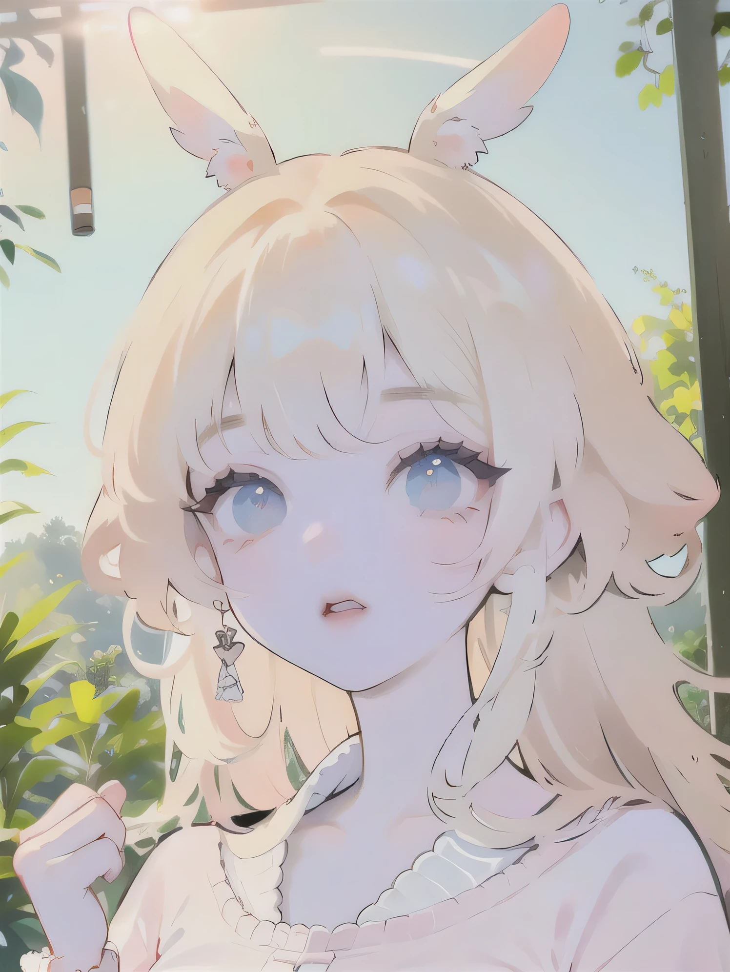(high quality) (best quality) (a woman) (correct physiognomy) (perfect students) (perfect eyes) anime woman, deep pink, long and fluffy hair, two rabbit ears coming out of her head, blue eyes, lips sensitive, feminine appearance, soft facial features, thin eyebrows, soft skin, rosy cheeks, pink lips, silky eyelashes, dreamy expression, middle age, youthful clothing, print sweatshirt, photo illuminated by sunlight, Woman sitting on forest.