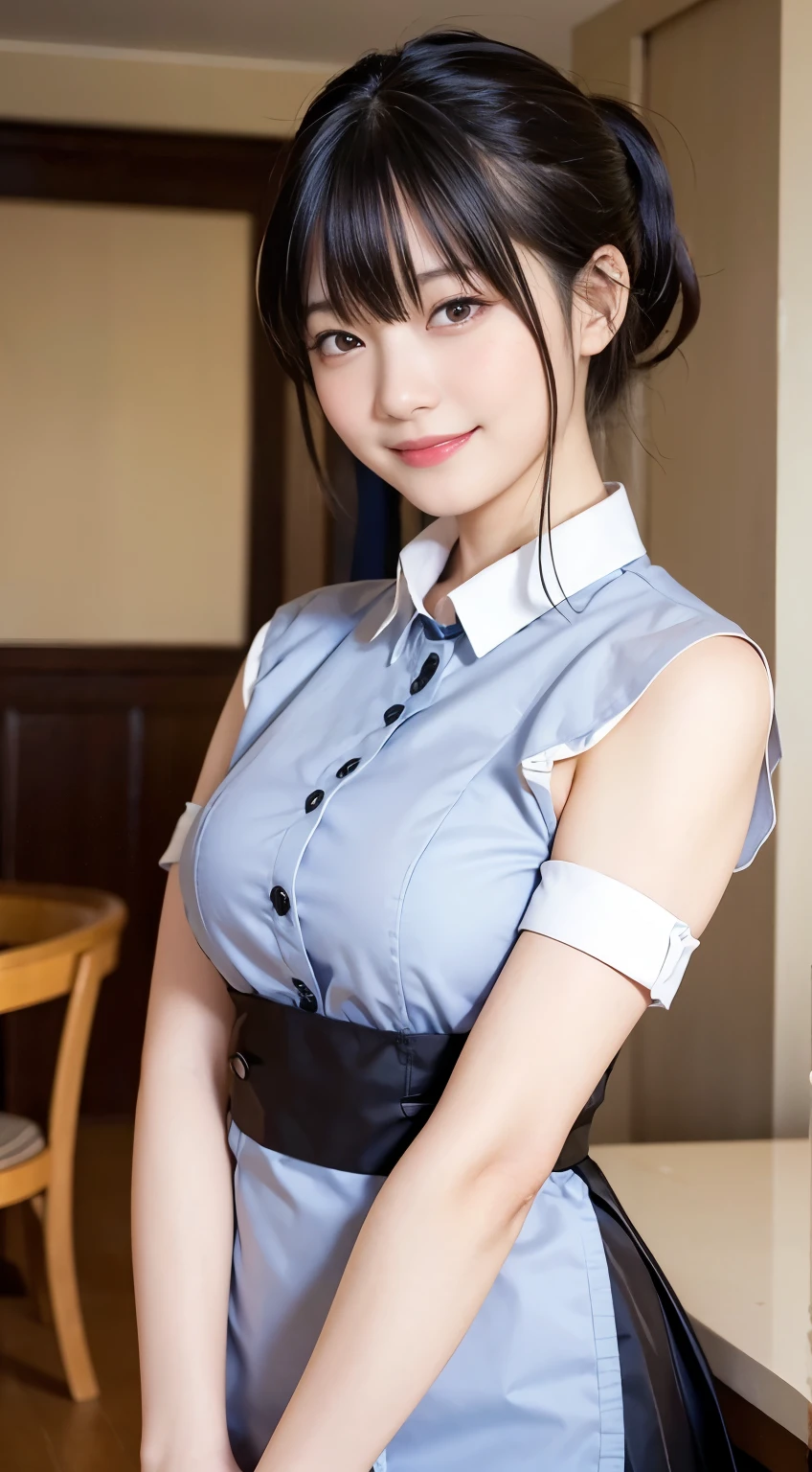 (Highest quality,masterpiece:1.3,Ultra-high resolution,),(Very detailed,Caustics),(Realistic:1.4,RAW shooting,)Ultra-Realistic Capture,Very detailed,High resolution 16k human skin closeup。 Natural skin texture、,pores、、、、It must be detailed enough to be easily identifiable。 Skin tone is even and healthy looking。 Use natural light and color,restaurant,Waitress Uniform,1 girl,Japanese,18-year-old,cute,Black-haired,ponytail,Big Breasts,smile,Turn your body forward,(Front view:1.1),Looking into the camera,Cowboy Shot,