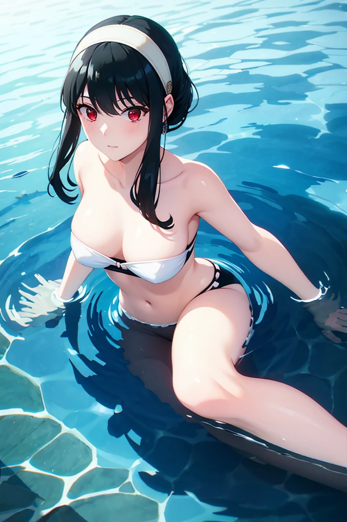 White hair band、Red eyes、Black Hair、Yor Briar、Beautiful woman swimming underwater、Light shining into the water、In the water、In the sea、Emerge from the water