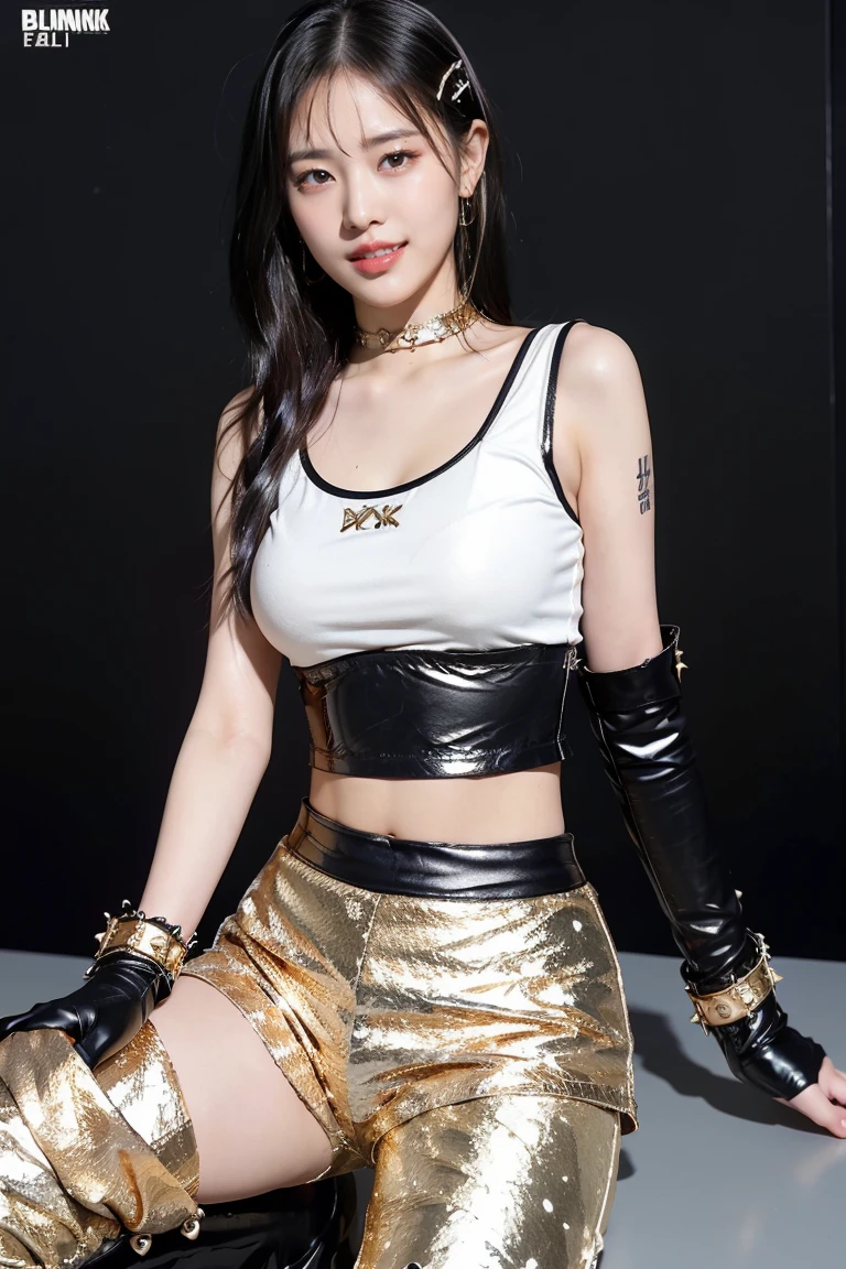 (8K), (highest quality: 1.2), (Realistic), (Realistic: 1.37), Ultra-high resolution, 1 girl, cute, (Embarrassed smile:1.2), (Blushing:1.4),Mouth closed, Beautiful details, Beautiful Nose, ( gold long hair:1.5), giant dulcefo, Thighs,Navel exposed,(White tank top:1.2),(Black color hot pants:1.5),(Black color long boots:1.5),Dancing,(Shiny Thighs:1.2),(Beautiful white skin:1.2),(punk fashion:1.5)