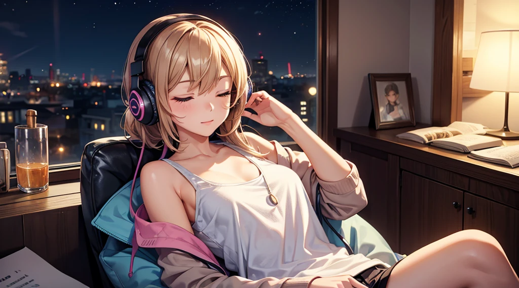 Girl with headphones enjoying music in a home I am studying Emphasize a little bit of the big chest Looking towards me with eyes closed Night Background