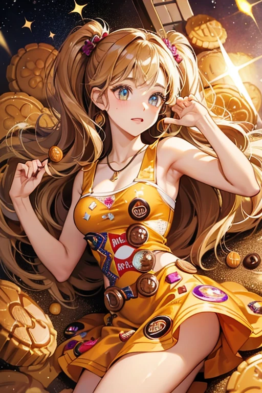 Her outfit is based around Reese's peanut butter cups. SPARKLE; GLITTER