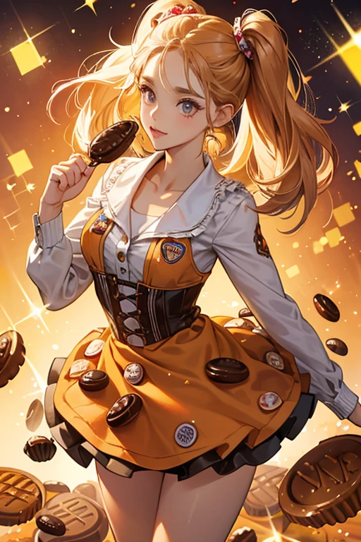 Her outfit is based around Reese's peanut butter cups. SPARKLE; GLITTER