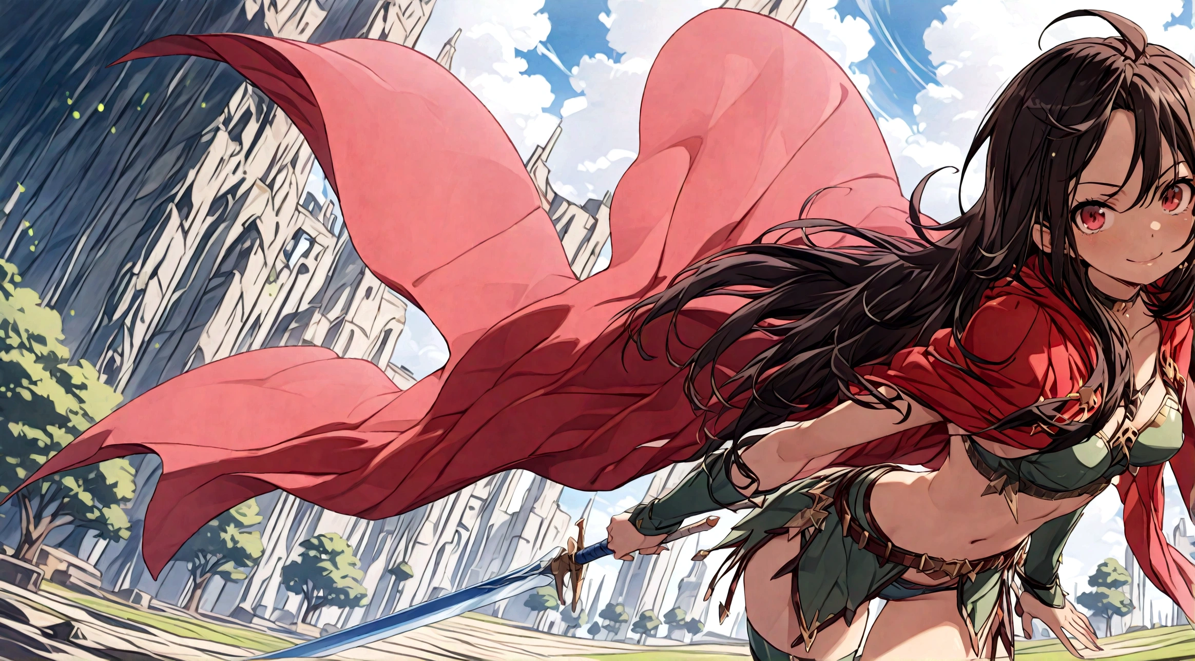 (masterpiece, best quality, top quality, 4k, 8k, high resolution, highres), (insanely detailed, ultra-detailed, super detailed, highly detailed) ,(HDR, UHD), (studio lighting), ultra-fine drawing, sharp focus, physically based rendering, professional, vibrant colors,
anime, cartoon, kawaii, qute,
(((Long shot, Wide shot, Distant view))),
Place your left hand on the hilt of the sword stuck in the ground, then thrust your right hand forward,
a girl, looking at viewer, (((Thighs))),
Provocative smile, cruel smile, cruel smile,
Standing upright, (((Jojo pose))),
Slanted eyes, narrow eyes, red eyes, long hair, black hair, messy hair,
(((Dark Skin))),
Berserker, Chest Armor, Breastplate, Bikini, Red Poncho,