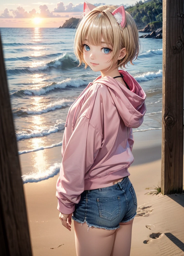 Black and White、Cat ear、Absurd, Ultra-detailed,Bright colors,(solo),(From the side:1.2),(View your viewers:1.5) (Short blonde hair:1.2),Shiny Hair,(Pink hoodie:1.5),(Black sneakers),Denim shorts,Delicate and beautiful face, blush、(Deep blue eyes:1.4), White skin, (A wistful smile:1.3),Beautiful Clouds,(Standing on the beach, looking to the side with a sad expression:1.3),look at the sea and sunset,At sunset,Waves crashing on the beach,sunlight,Light on the face、Cat ear、Belly button