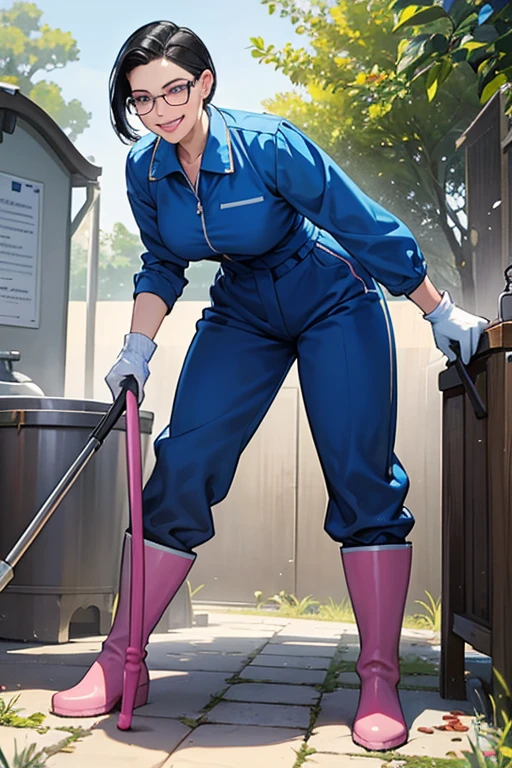 A mature woman with short black hair slicked back and wearing glasses and a blue long-sleeved jumpsuit is cleaning a dirty public toilet in a park while wearing large pink rubber gloves and white rubber boots and smiling gently.