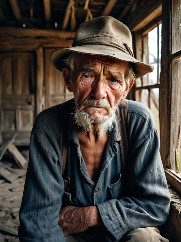 A poor old man in a hat is sad in a dilapidated house in a village