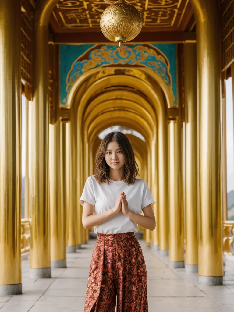 her name is Asako, high quality, 1girl, ((20-year-old fit Caucasian woman)), ((20 years old)), ((slim)), ((Wavy Bob)), pose: standing, wearing stylish fashionable Generation-Z modern wear colored, BACKGROUND: Exploring the Gandantegchinlen Monastery, with its impressive golden Buddha statue, prayer wheels, and vibrant Buddhist art