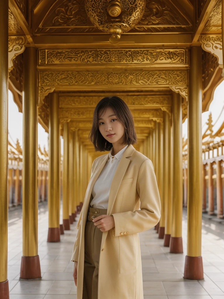 her name is Asako, high quality, 1girl, ((20-year-old fit Caucasian woman)), ((20 years old)), ((slim)), ((Wavy Bob)), pose: standing, wearing stylish fashionable Generation-Z modern wear colored, BACKGROUND: Exploring the Gandantegchinlen Monastery, with its impressive golden Buddha statue, prayer wheels, and vibrant Buddhist art