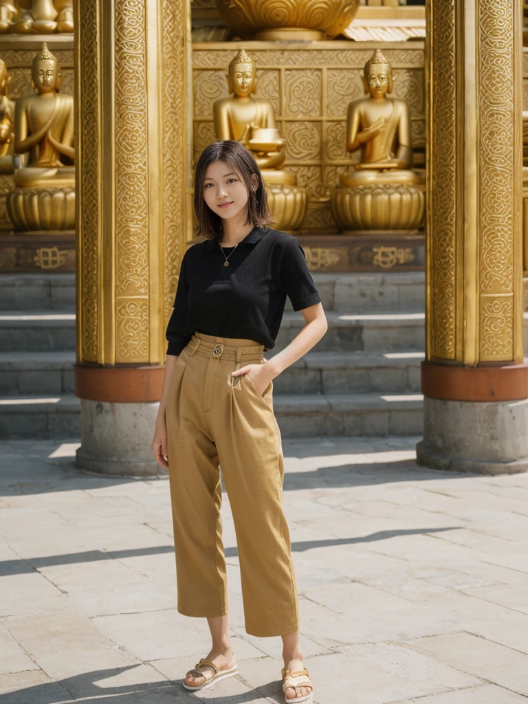 her name is Asako, high quality, 1girl, ((20-year-old fit Caucasian woman)), ((20 years old)), ((slim)), ((Wavy Bob)), pose: standing, wearing stylish fashionable Generation-Z modern wear colored, BACKGROUND: Exploring the Gandantegchinlen Monastery, with its impressive golden Buddha statue, prayer wheels, and vibrant Buddhist art.