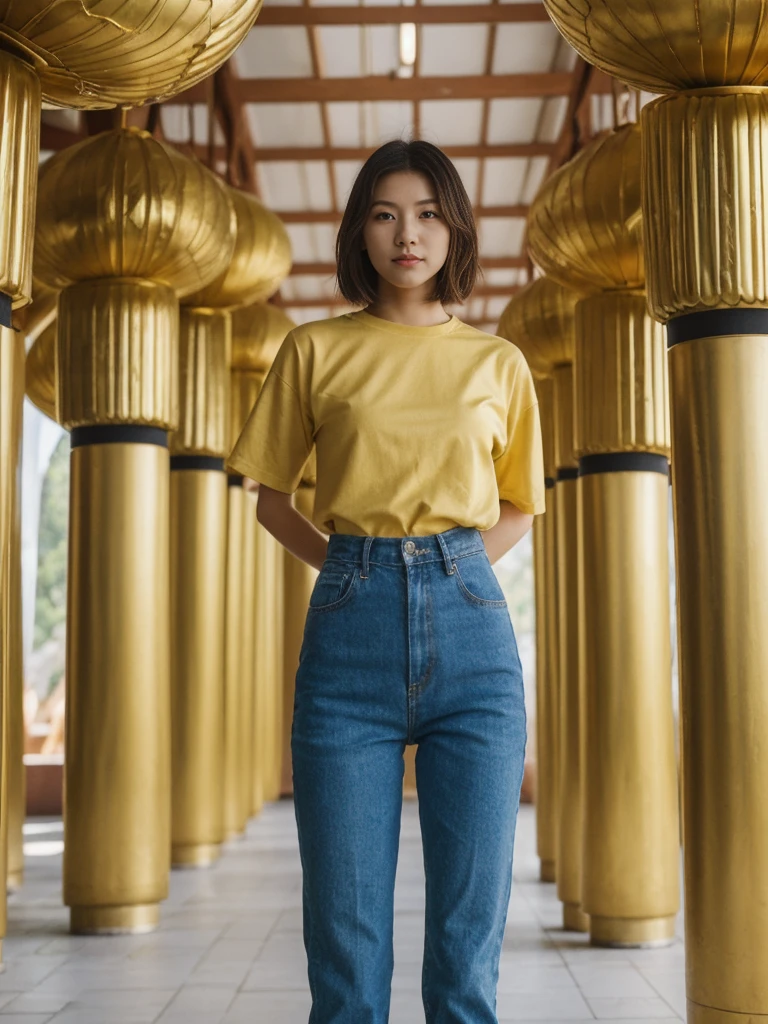her name is Asako, high quality, 1girl, ((20-year-old fit Caucasian woman)), ((20 years old)), ((slim)), ((Wavy Bob)), pose: standing, wearing stylish fashionable Generation-Z modern wear colored, BACKGROUND: Exploring the Gandantegchinlen Monastery, with its impressive golden Buddha statue, prayer wheels, and vibrant Buddhist art.