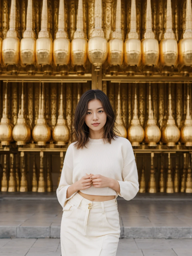 her name is Asako, high quality, 1girl, ((20-year-old fit Caucasian woman)), ((20 years old)), ((slim)), ((Wavy Bob)), pose: standing, wearing stylish fashionable Generation-Z modern wear colored, BACKGROUND: Exploring the Gandantegchinlen Monastery, with its impressive golden Buddha statue, prayer wheels, and vibrant Buddhist art.