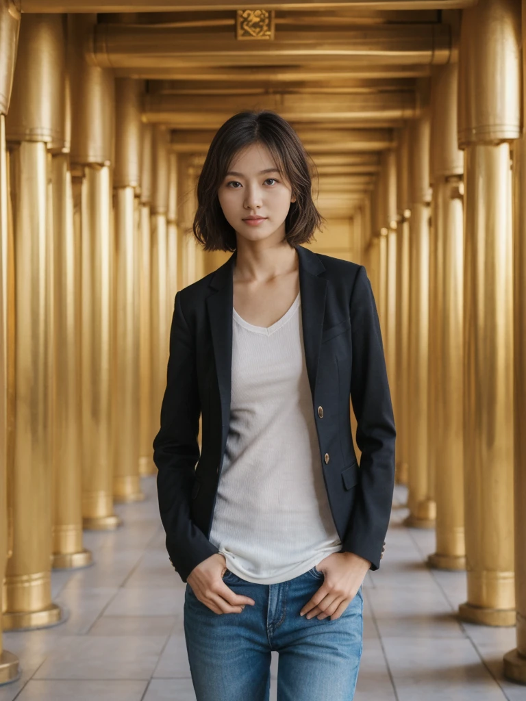 her name is Asako, high quality, 1girl, ((20-year-old fit Caucasian woman)), ((20 years old)), ((slim)), ((Wavy Bob)), pose: standing, wearing stylish fashionable Generation-Z modern wear colored, BACKGROUND: Exploring the Gandantegchinlen Monastery, with its impressive golden Buddha statue, prayer wheels, and vibrant Buddhist art.