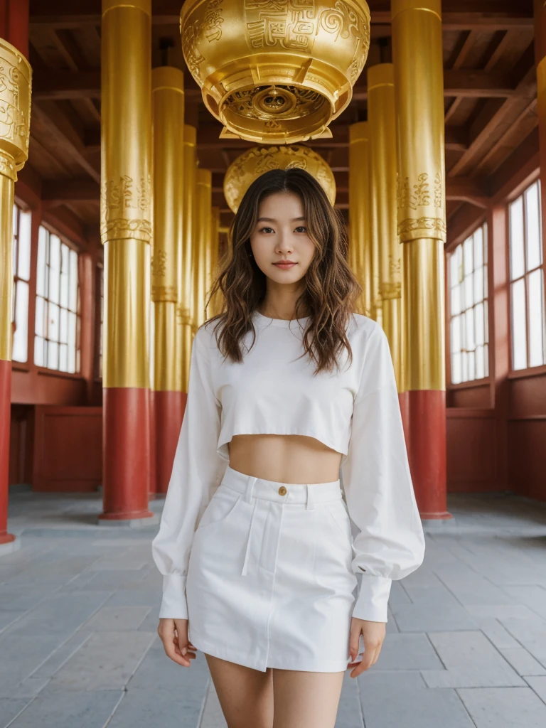 her name is Asako, high quality, 1girl, ((20-year-old fit Caucasian woman)), ((20 years old)), ((slim)), ((Wavy Bob)), pose: standing, wearing stylish fashionable Generation-Z modern wear colored, BACKGROUND: Exploring the Gandantegchinlen Monastery, with its impressive golden Buddha statue, prayer wheels, and vibrant Buddhist art.