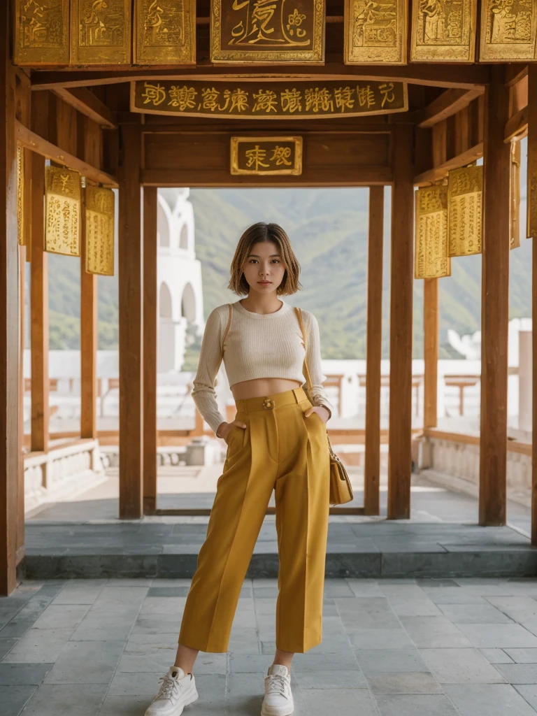 her name is Asako, high quality, 1girl, ((20-year-old fit Caucasian woman)), ((20 years old)), ((slim)), ((Wavy Bob)), pose: standing, wearing stylish fashionable Generation-Z modern wear colored, BACKGROUND: Exploring the Gandantegchinlen Monastery, with its impressive golden Buddha statue, prayer wheels, and vibrant Buddhist art.
